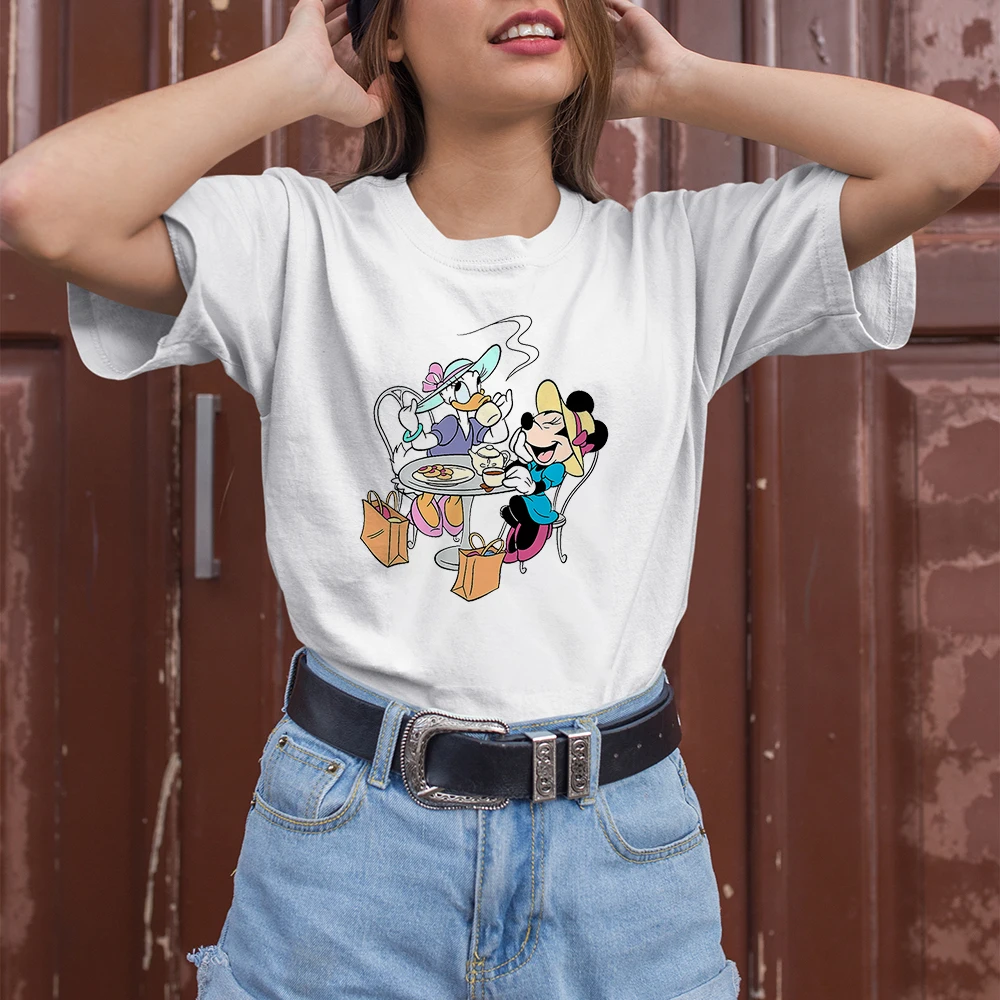 

Holiday Leisure Womens T Shirt Disney Minnie and Daisy Afternoon Tea Print Casual Cartoon Top Tee Fashion Femme Vetement Summer