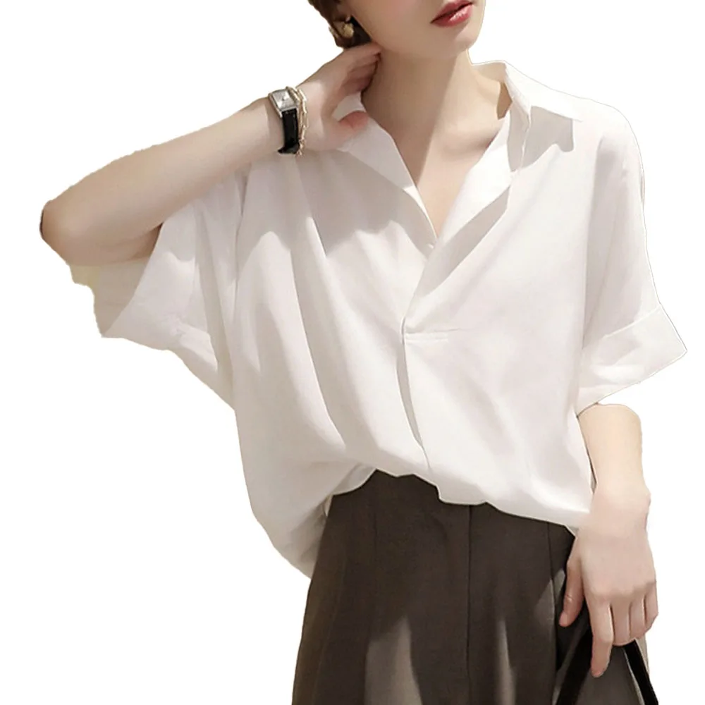 

2021 Summer New Women's Solid Color Summer Loose Casual Simplicity V-neck Blouse Fashion Temperament Simplicity