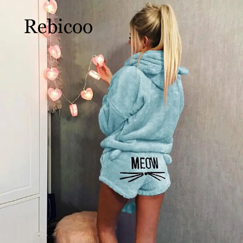 Новый пижамный комплект осень-зима меховая рубашка шорты теплая Пижама Женское