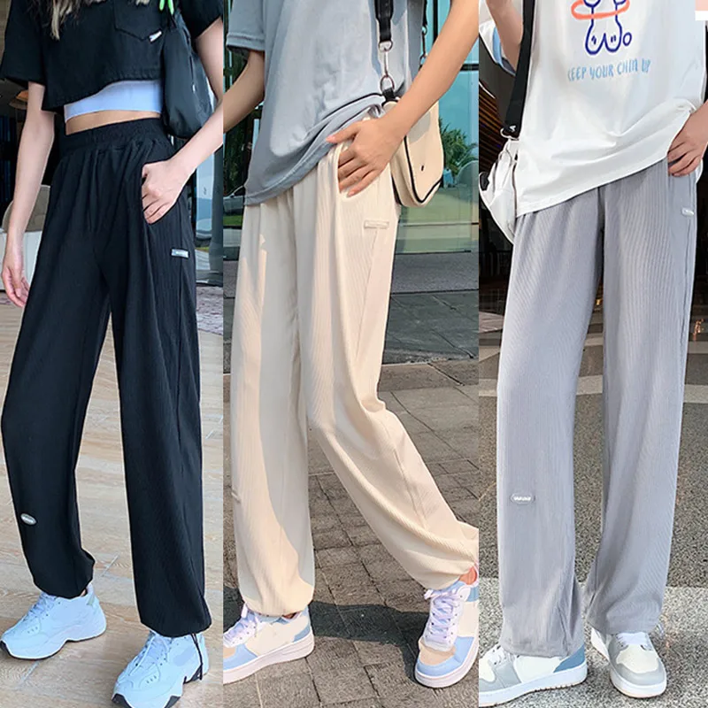 

Casual Straight Solid Women's Sweatpants All-match Fashion Summer Pockets Elastic High Waist Long Pants Lady Sports Female Pants