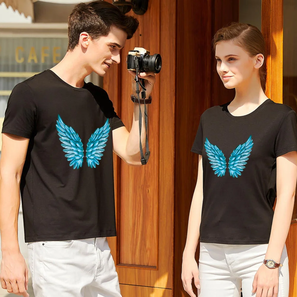

Couple T-shirt Feather Simple Printing Ladies Slim All-match Black Round Neck Top Men's Casual Breathable Short Sleeve T-Shirt