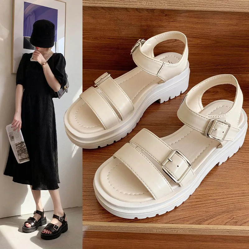 

Women Sandals Korean Ladies Flats Shoes Ankle Strap Buckle Platform Sandals summer Open Toe Block Hollow Women Sandals Heels