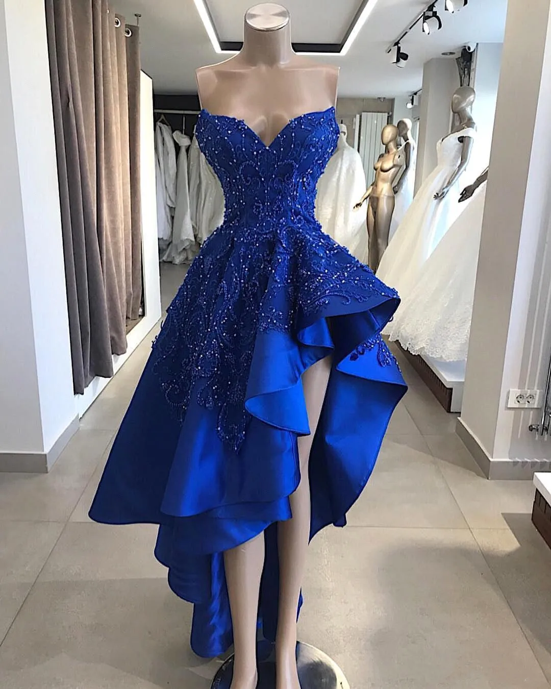 Dlassdress Store  Vintage Royal Blue Short High Low Prom Dresses A Line Beaded Appliques Sweetheart Asymmetrical Long Evening Pa