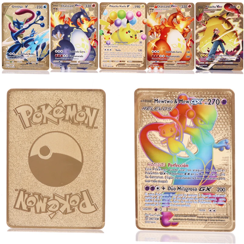 

Pokemon Spanish Cards Charizard Vmax V Shiny Gold Metal Card Game Tag Team Fighting Ordering Series Child Christmas Gift Toys