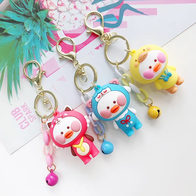 Cute Cartoon Duck Keychain 4 Colors Silicone Doll with Free Bell Keyring for Women Girls' Bag Pendant Ornament Key Chain | Игрушки и