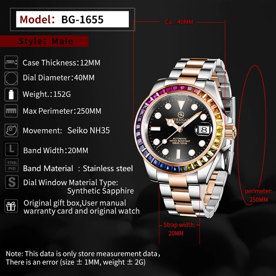 

BERSIGAR Mens Watch Automatic Mechanical Rainbow Stainless Steel Waterproof Watch Fashion Business Wrist Watch Relogio Masculino