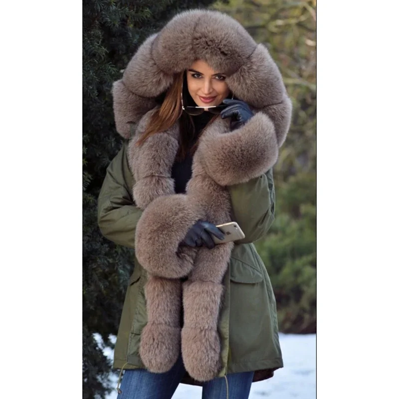 Tatyana Women Real Fur Parka Coat Fox Fur Collar And Cuff Women's Parkas Thick Winter Warm Natural Fur Jacket Long Fox Fur Coats