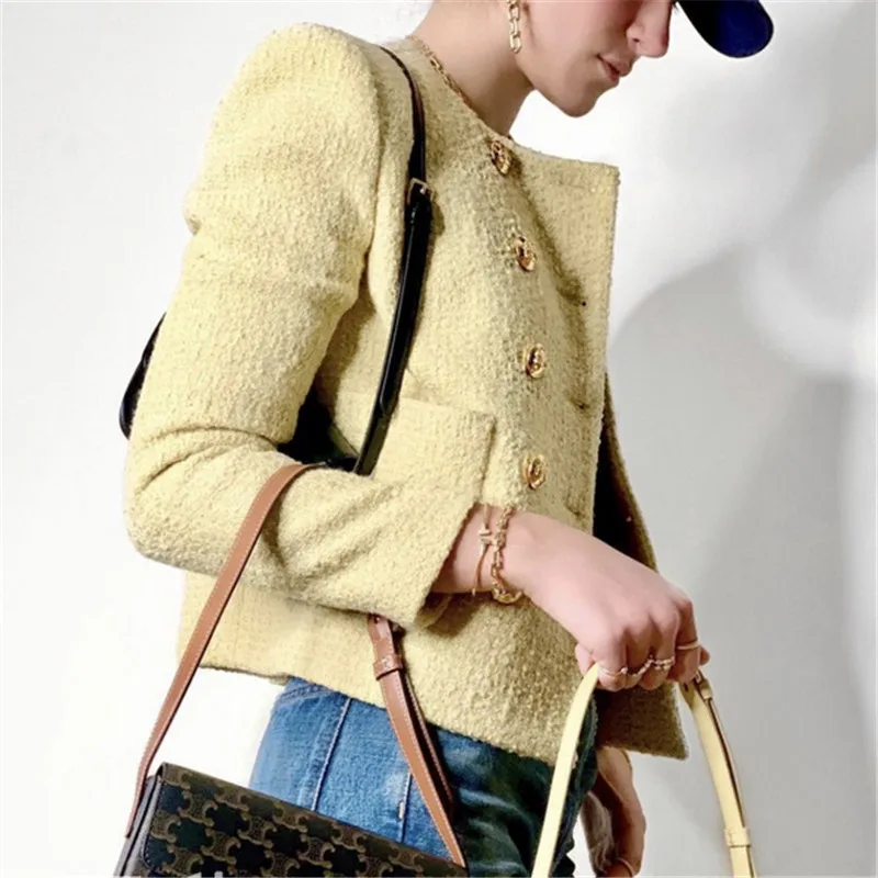 Женская твидовая куртка с круглым вырезом элегантная двубортная для ранней