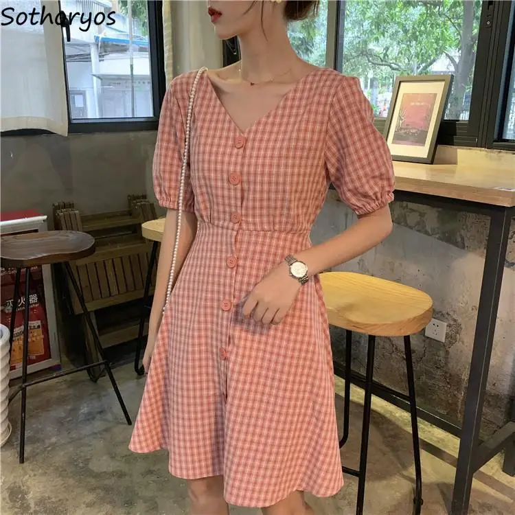 Платье женское в клетку с V образным вырезом и коротким рукавом|Женские платья| |