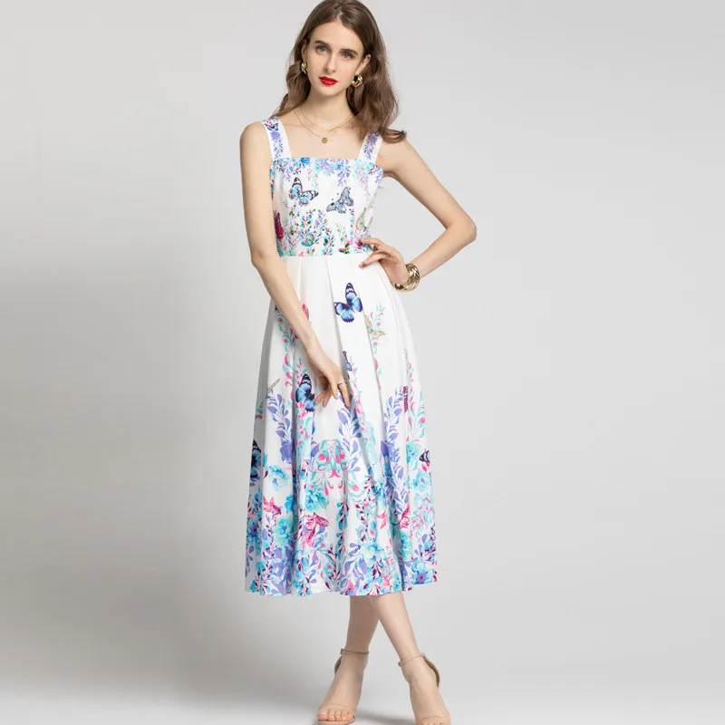 

Runway Fashion 2021 Summer Women's Square Collar Diamonds Butterfly Print Midi Spaghetti Strap Dress Backless Beach Holiday Robe