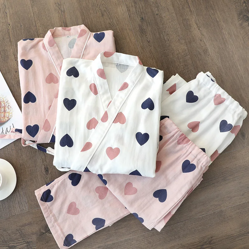 Japanese kimono Cotton Women Pajamas Sets Pyjama Cute Cartoon Button Top+Pants 2Pcs /lot Pijama Sleepwear Lounge Wear | Женская одежда