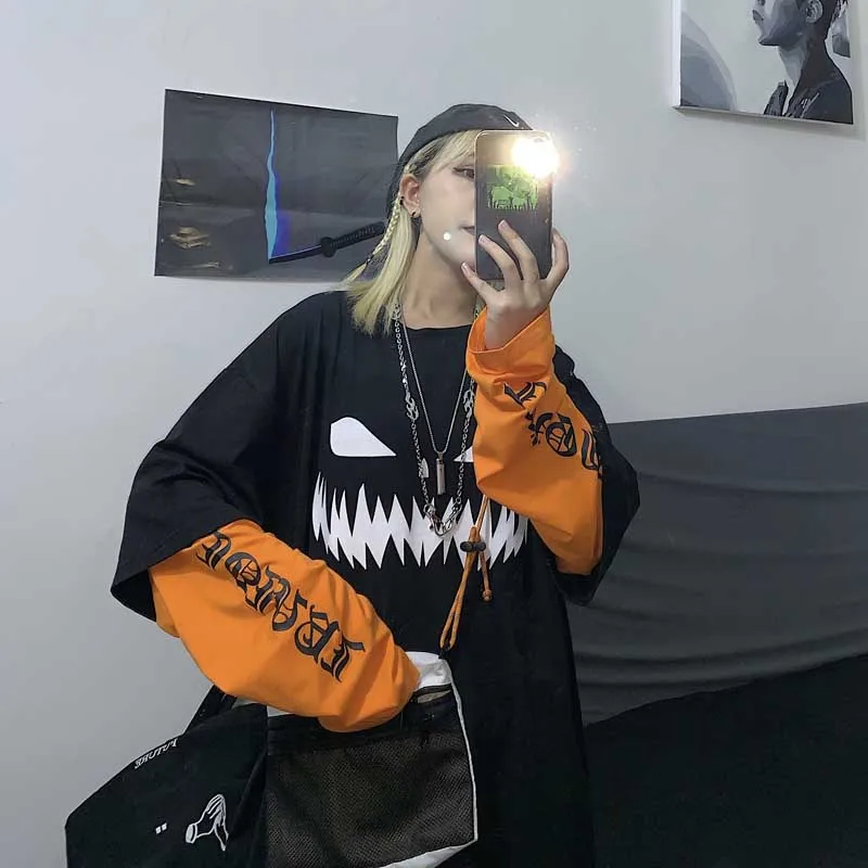 NiceMix Harajuku/футболка с принтом тыквы и буквами; Поддельные 2 штуки; Лоскутная Повседневная футболка с длинными рукавами; женская и Мужская Уличная одежда; топы