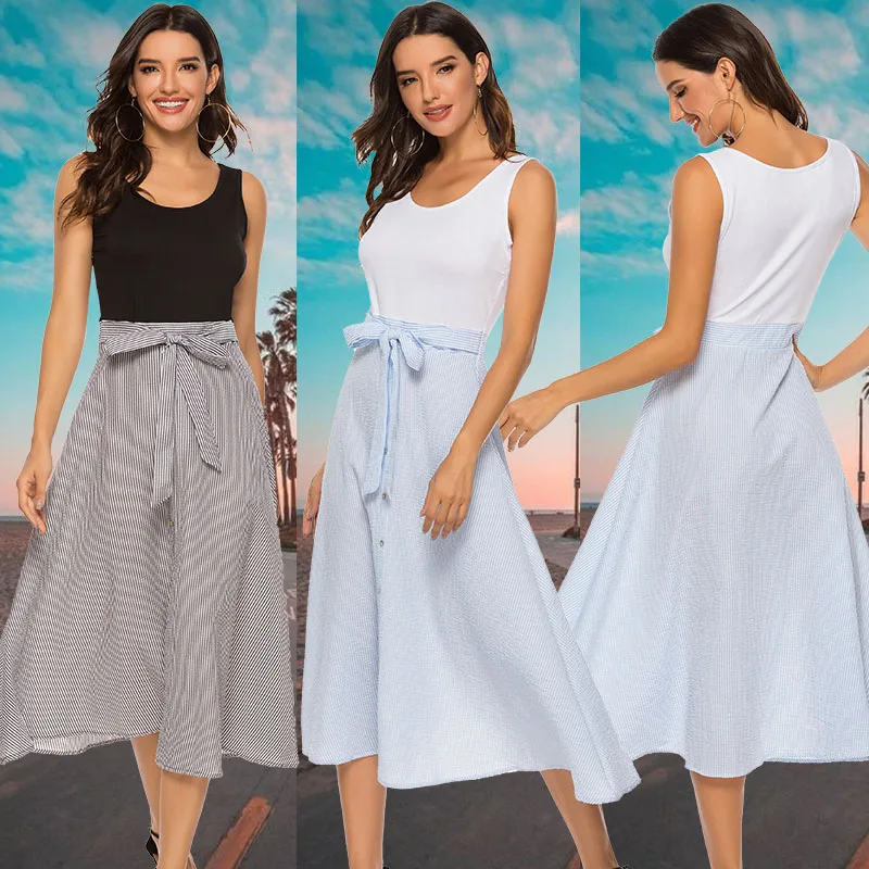 Женское платье с круглым вырезом повседневное модное платье-жилет в полоску