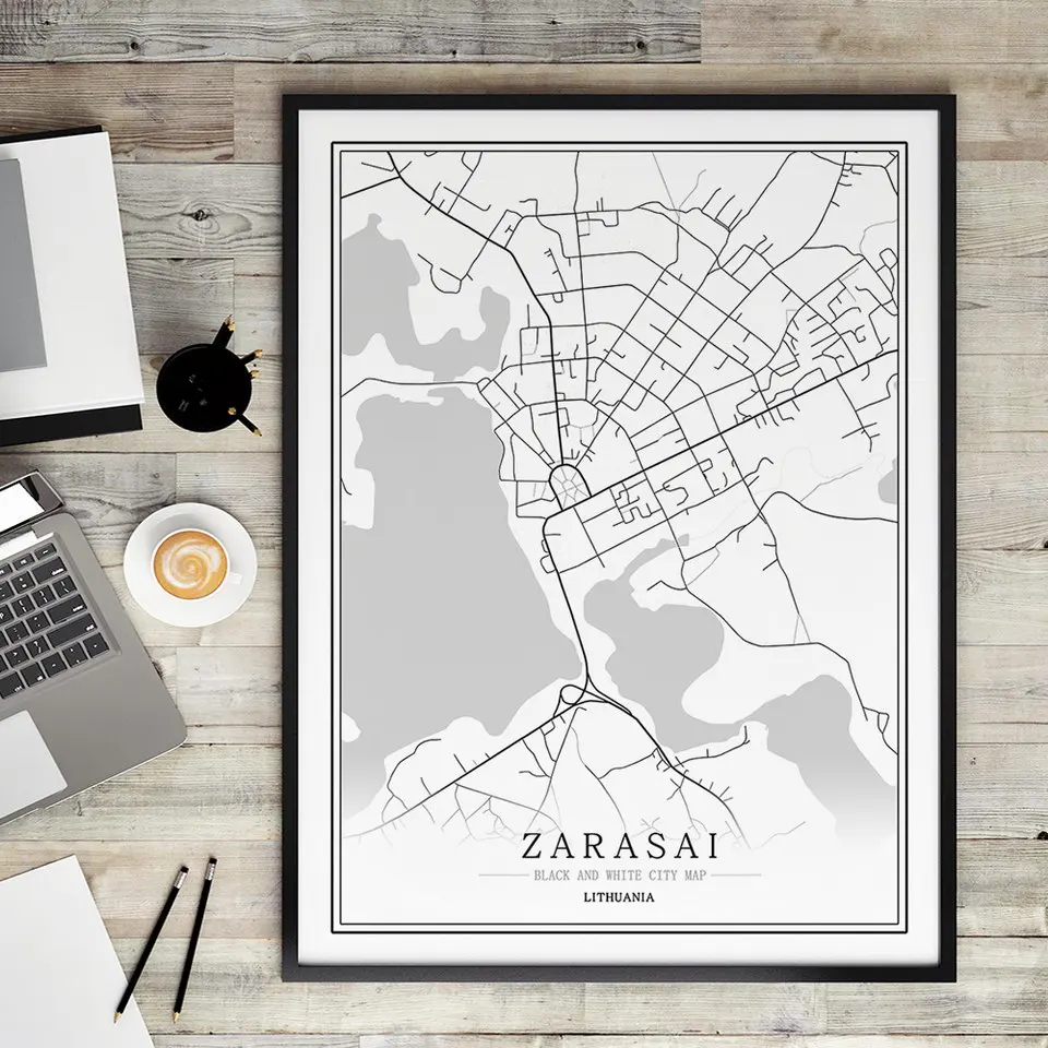 Литовский черный белый мир Карта города плакат Скандинавская гостиная Vilnius ROKISKIS