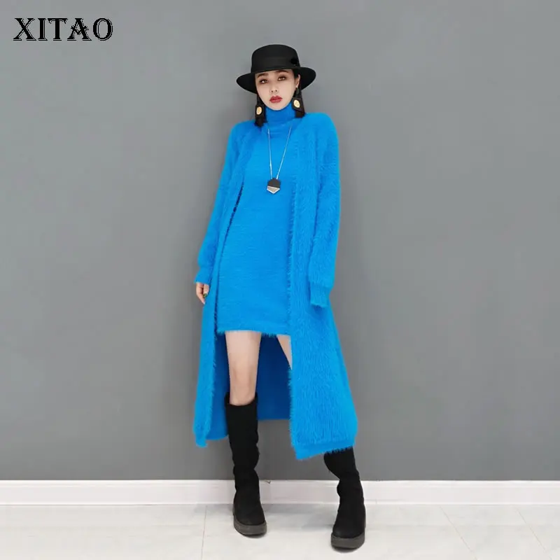 

XITAO/зимнее новое платье с высоким воротом, вязаный кардиган, костюм из двух предметов, модный однотонный, простой, тонкий, сохраняющий тепло ...