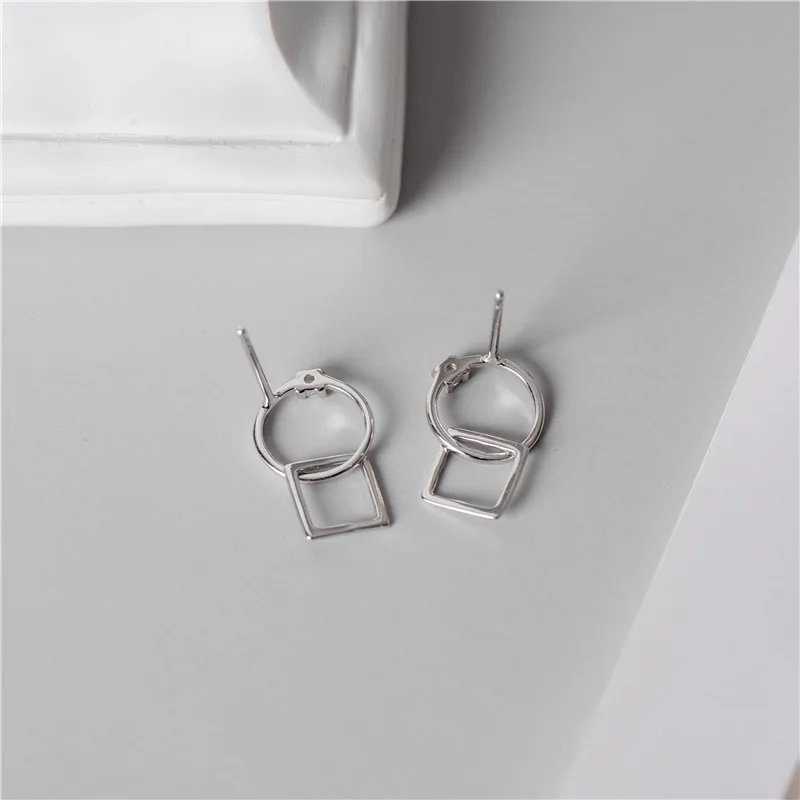 

SODROV 925 Sterling Silver Single Diamond Gentle Round Square Buckle Stud Earings for Women Jewelry Silver Earrings