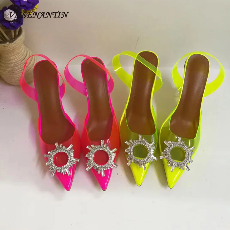 

VIISENANTIN Candy Color Lady Summer Sandal Shoe Slingback Pointed Toe Transparent Clear PVC Jelly Sandals Crystal Buckle Decor