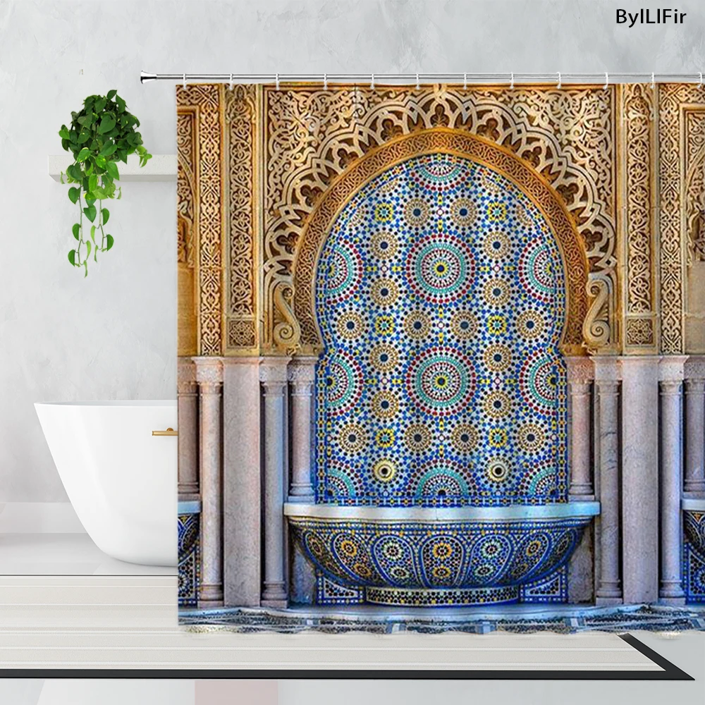 

3D Moroccan Shower Curtain Aged Gate Geometric Pattern Doorway Design Entrance Architectural Oriental Style Bathroom Curtains