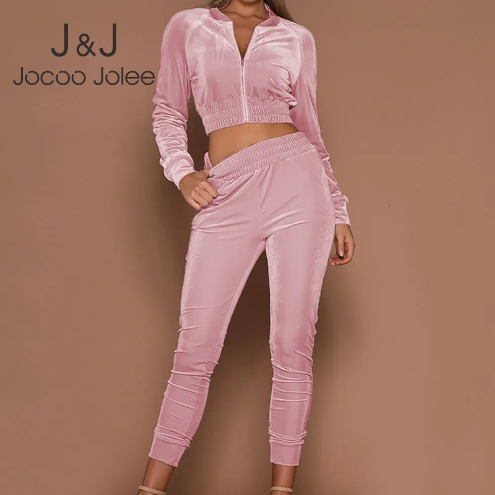 

Jocoo Jolee Casual Solid Velvet 2 Pieces Set Women Autumn Long Sleeve Zip Up Hoodies and Trouser Suits Cropped Sweatshirts