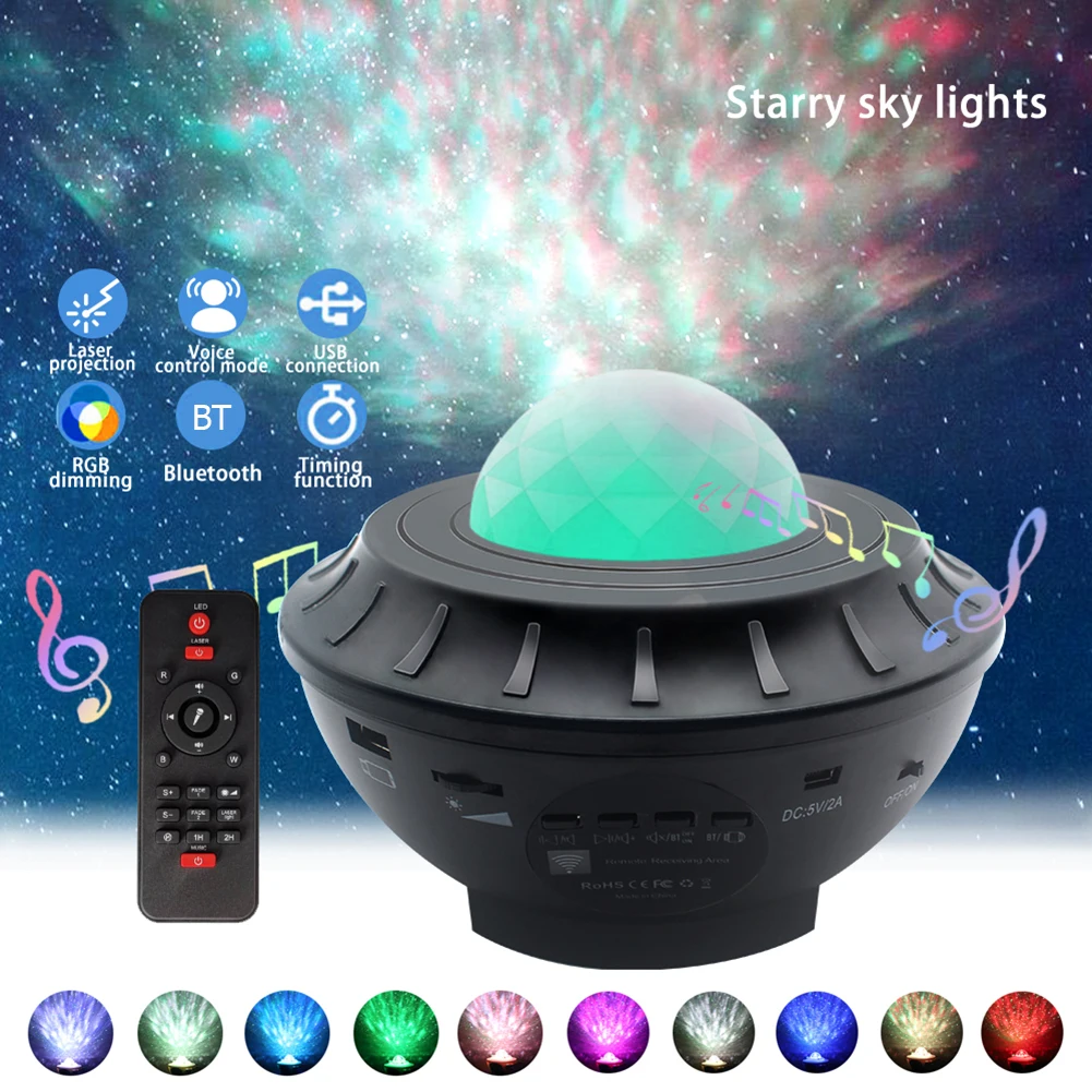 

Светодиодный Ночной светильник со звездами, музыка, звездная водная волна, цветной проектор звездного неба, проектор со звуковой активацие...