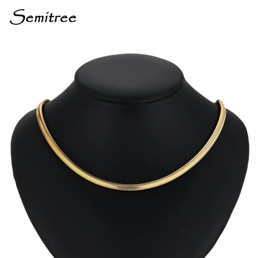 

1 шт. позолоченная цепочка из нержавеющей стали 4 мм, ожерелье-змейка, плоские Чокеры в елочку для женщин, 16 дюймов с удлиненной цепочкой 5 см