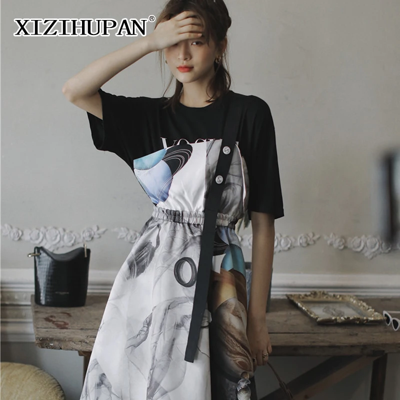 

XIZIHUPAN Print Tunic Dress For Women High Waist O Neck Half sleeve Midi Elegant Dresses Female Summer Fashion New 2021 Tide