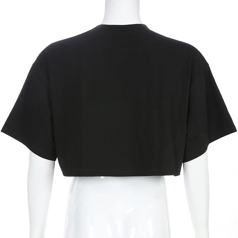 

Black T-Shirt Ladies Half Sleeve Casual Loose Crop Top Harajuku Letter Printed Tee Shirt Woman Korean Style 2019