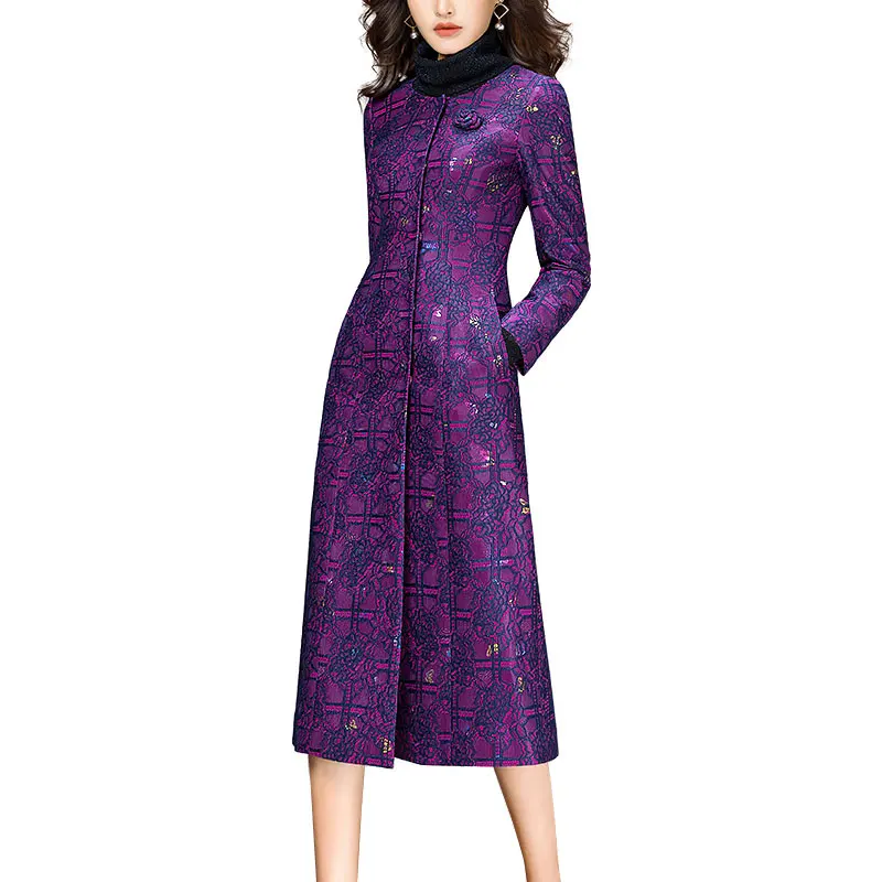 

2021 Spring Autumn New Luxury Fashion Female Purple Lace Trench Coat for Women