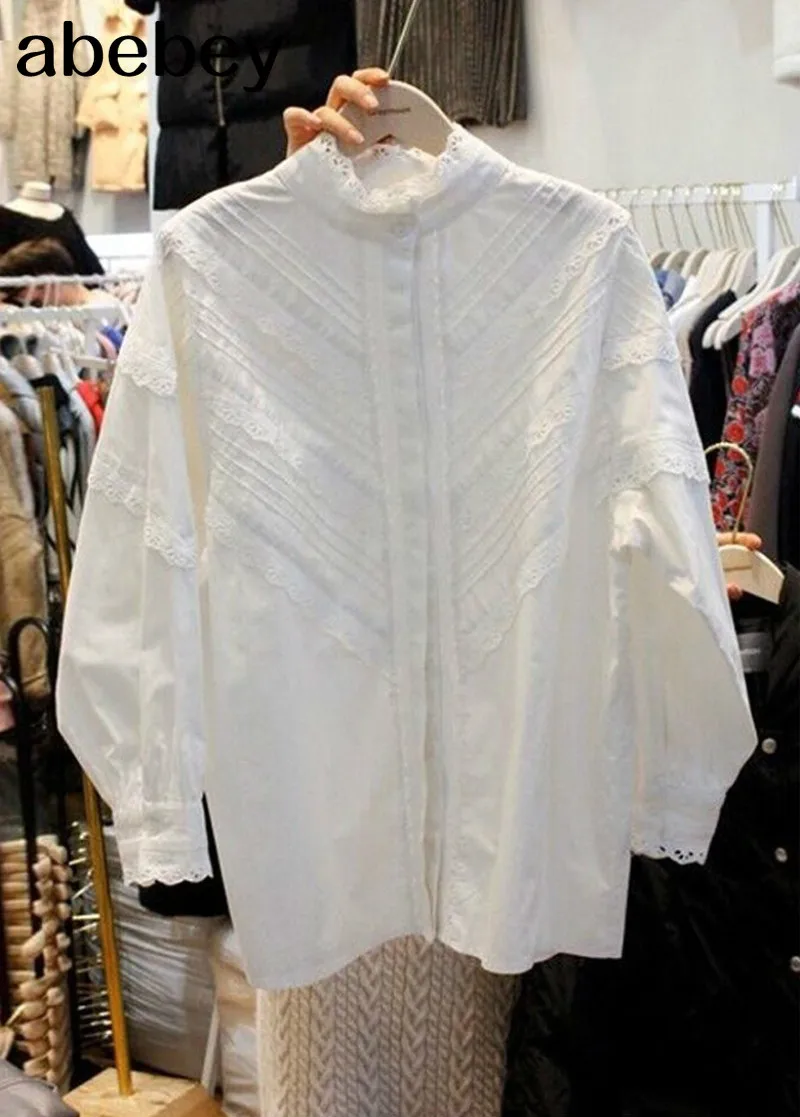 

2021 Spring New White Stand Collar Shirts Korean Style Casual Single Breasted Femme Blusas Loose Simple Women Blouse