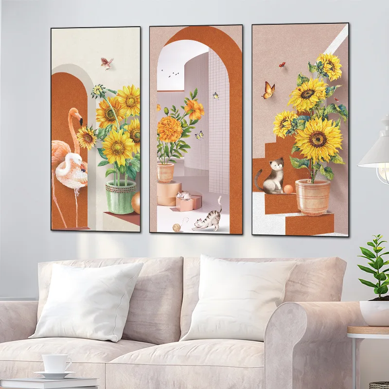 

Literary Pastoral Style Sunflower Triptych Wall Sticker Living Room Sofa Bedroom Background Decorations Home Stickers Wallpaper