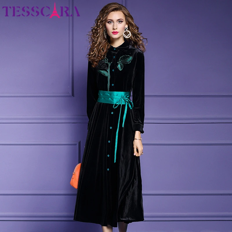 Женское бархатное платье-рубашка TESSCARA винтажное вечернее платье с вышивкой