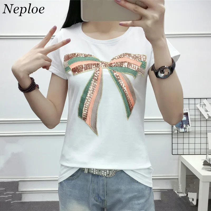 Женская футболка с бантом Neploe летняя о вырезом и блестками в европейском