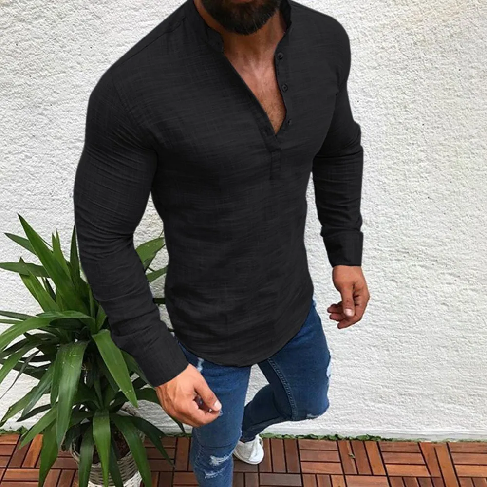 

2021 New Men's Linen V Neck Bandage T Shirts Male Long Sleeves Casual Cotton Linen T-shirt Tops Solid Color L-3XL