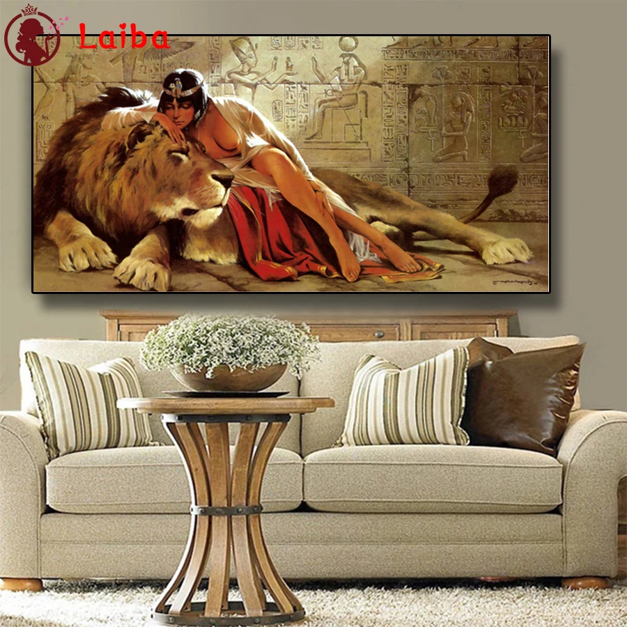 

Diamond Painting The ancient Egyptian queen and the lion 5d Diamond Embroidery Full Diamond Mosaic Cross Stitch Decoration