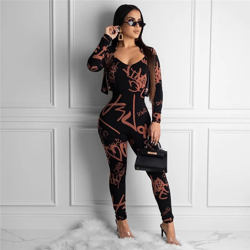 

Fashionable digital print jumpsuit + jacket Print Bodysuit Sexy women clothes autumn long sleeve jumpsuit nightclub woman suit