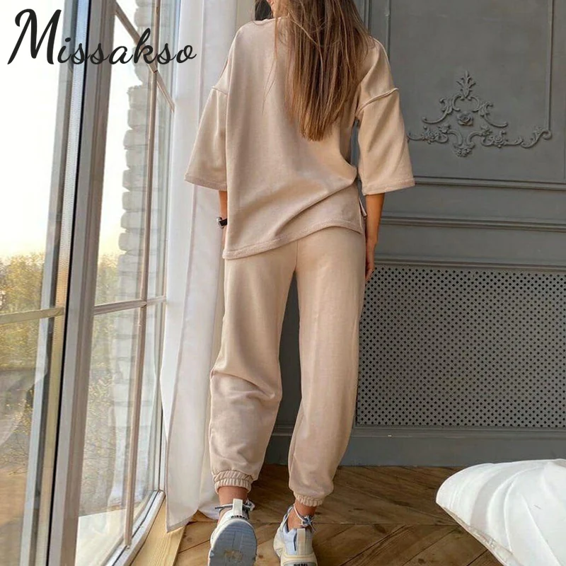 

Missakso 2021 Loose Two Pieces Set White Casual Short Sleeve Top And Pants Women Outfits Summer Streetwear Black Sport Suit