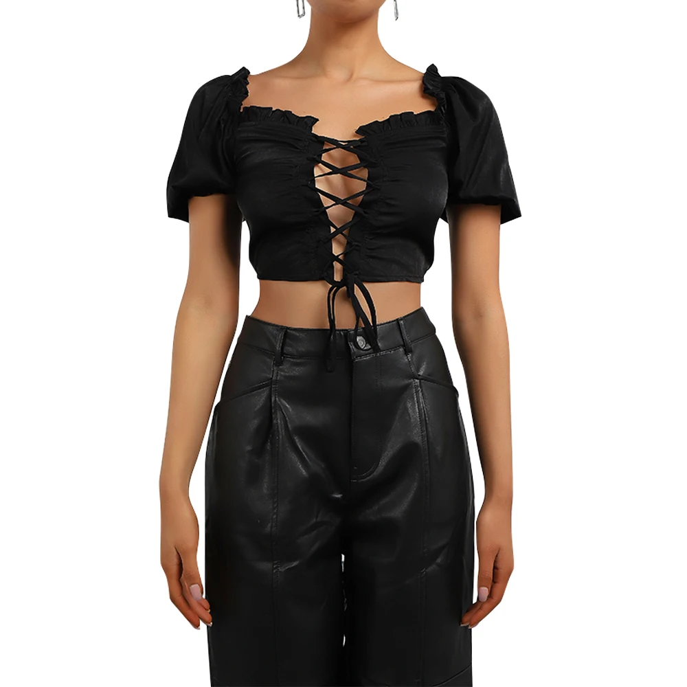 

Square Neck Short Sleeve Crop Top Ladies Sexy Hollow Out Bandage Blouse Women Blouse Top Ruffle Puff Sleeve Black Summer Top D30