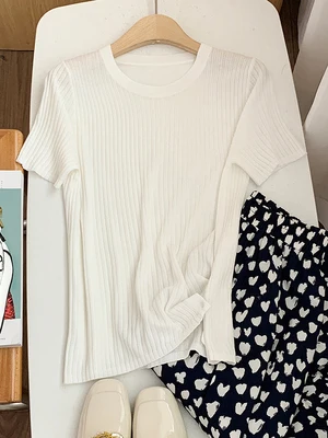 

HAN Short-sleeved T-shirt women summer new simple Korean style breathable wild multicolor round neck cotton knitted top