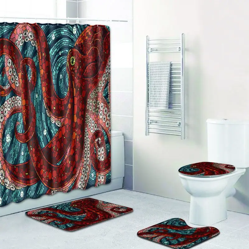 

4Pcs Octopus Theme Bathroom Set With Durable Waterproof Shower Curtain And Carpets Rugs Toilet Lid Cover And Bathtub Floor Mat