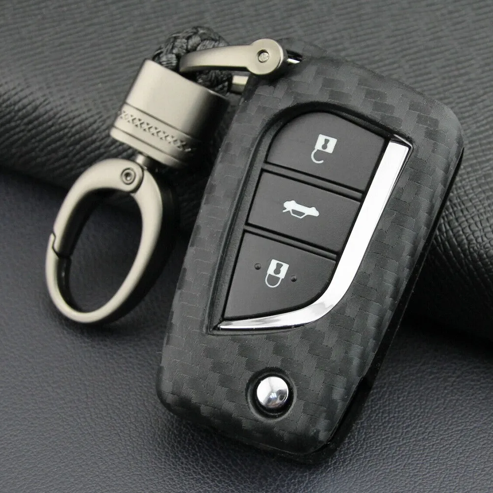 

Car Key Protector With Key Chain For Toyota Corolla Sedan Carbon Fiber Car Flip Key Fob Case Cover Chain