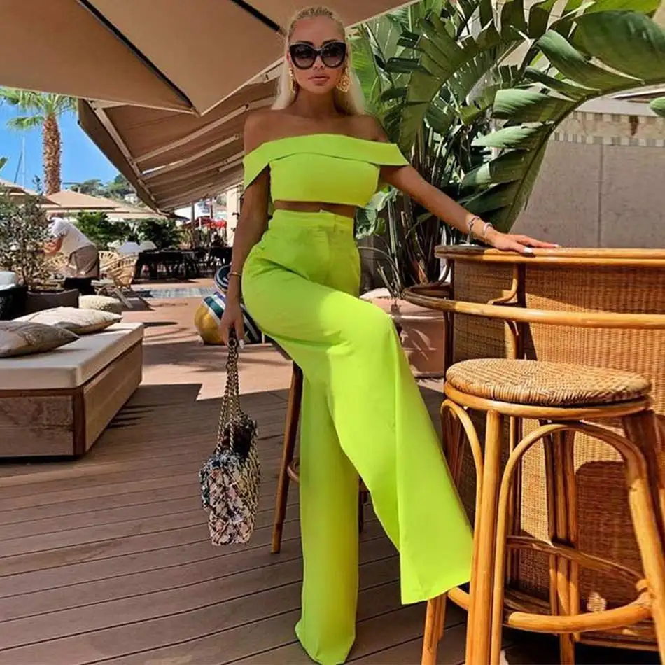 

2020 Autumn Winter Bandage Jumpsuit Women 2 Two Piece Set Off The Shoulder Top Full Length Pants Evening Party Sexy Club Sets
