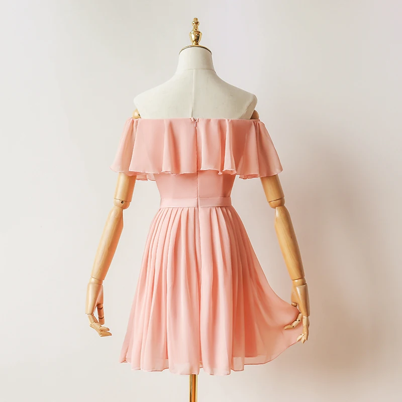 Короткое шифоновое платье для подружки невесты розовое свадебное подростков