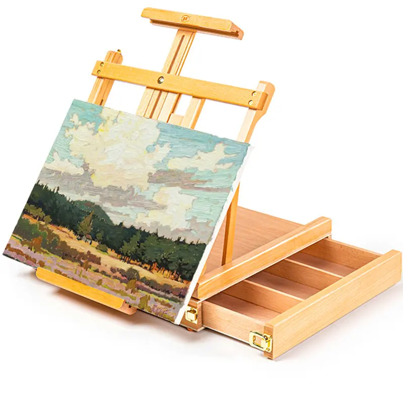 Beech Wood Drawing Table Easel Kids Portable Easel For Painting Height Adjustable Desktop Easel Stand With Drawer