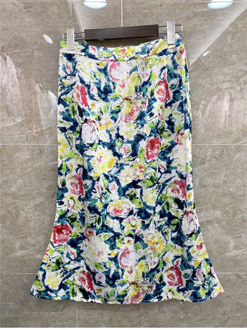 

Quality Women's Top Set 2021 Spring Summer Skirt Suit Ladies V-Neck Charming Floral Print Tops Blouses+Midi Sexy Mermaid Skirt