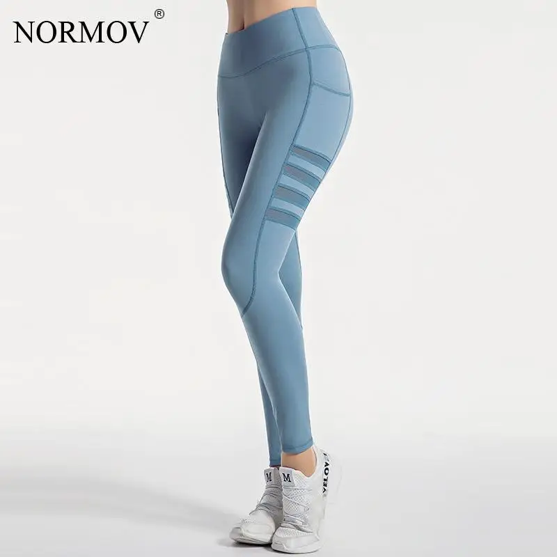 

NORMOV Stripe Mesh Women Leggings with Pockets High Waist Push Up Leggings Sport Running Quick Dry Breathable Fitness Leggings