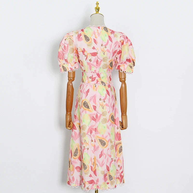 

CHICEVER Hit Color Summer Dress For Women V Neck Puff Short Sleeve High Waist Hollow Out Print Dresses Female Fashion New 2021