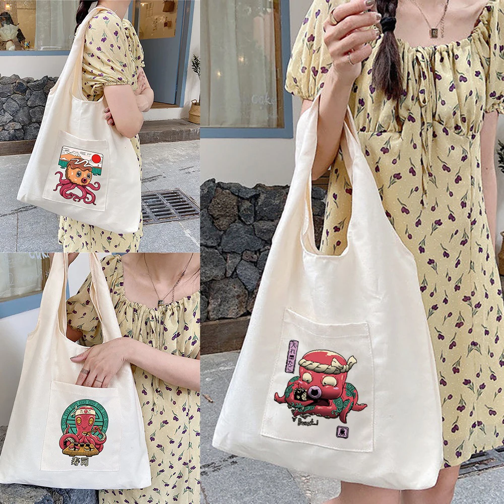 

Women‘s Shopper Shopping Bags Canvas Commuter Vest Bag Cotton Cloth Cute Monster Series Grocery Handbags Eco Tote School Bag