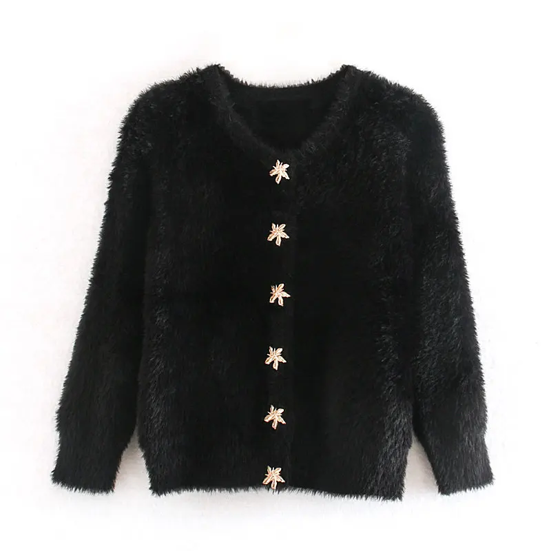za 2019 mohair button decoration sweater women pearl long sleeve winter office lady ropa mujer elegant cardigan |