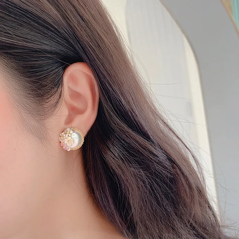 

MENGJIQIAO Fashion Elegant Pearl Ball Shell Flower Stud Earrings For Women Korean Cute Elegant Wedding Boucle D'oreille Jewelry