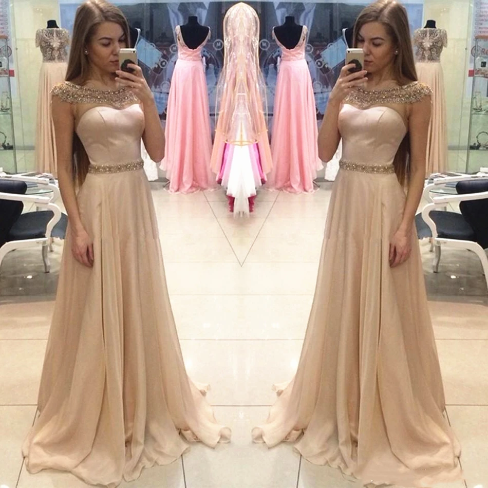 

Mother of the Bride/Groom Dress for Wedding Party Crystals Beading Neck Cap Sleeve Champagn Chiffon Evening Prom Gowns